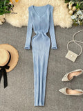 Yipinpay Women Autumn Knitted Dress V Neck Sexy Slim Elastic Oversized Basic Bodycon Long Dress Winter knit Warm Sweater Dresses