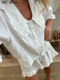 Yipinpay Doll Collar Shirts Shorts Suit Women Puff Short Sleeve Single Breasted Blouses Loose Short Pants 2024 Summer Casual Set
