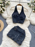 Yipinpay Trend High Street Denim Suits Backless Sleeveles Halter Y2K Top+ Zipper Pleated Mini Skirt Hollow Out Two Pieces Sets