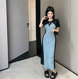 Yipinpay Two Piece Denim Dress Vestidos De Mujer Short Sleee Summer Dress Y2k Casual Maxi Dresses for Women Robe Femme Jeans