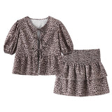 Yipinpay Leopard Animal Print Skirts Sets For Women 2024 Round Neck Lace Up Shirts Layered Mini Shirts 2 Pieces Sets Lady Outfits