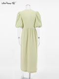 Yipinpay Elegant Women Cotton Midi Dress Green Robe V-Neck Puff Sleeve Wrap Dress Lady Dress Summer Loose Dress 2023 Lace-Up