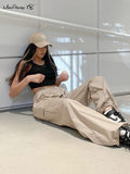 Yipinpay Street Style Khaki Parachute Pants Women Pleated High Waist Pockets Cargo Pants Casual Drawstring Trousers Gray 2023