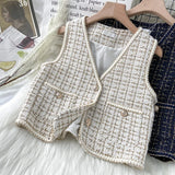 Yipinpay Women New Autumn Tweed Elegant Vintag Vest V-neck Sleeveless Slim Pockets Waistcoat Ladies Fashion Womens Short Small Vest