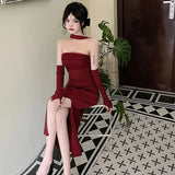 Yipinpay Sexy Halter Strapless Dress Women Bodycon Slim Off Shoulder Hip Vestidos De Mujer Knit Dress Long Mesh Party Fashion Chic