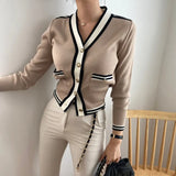 Yipinpay Neck Knitted Cropped Cardigan Contrast Single Breasted Striped Sweater Korean Fashion Cardigan Mujer Coat Feminino Sueter