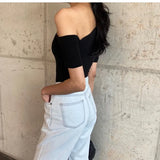 Yipinpay Slim Slash Irregular Off Shoulder Diagonal Black Short Sleeve T-shirts Women Summer Tees Crop Tops Casual Tshirt