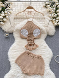 Yipinpay Bohemian Knit Two Pieces Suits Women Lace Up Halter Tassel Backless Tops+Hook Flower Hollow Out Shorts Sexy Beach Sets