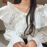 Yipinpay Off Shoulder Blouse Women Slash Neck Ruffles Crop Tops Drawstring Criss Cross V Neck Butterfly Sleeve Chic Ladies Shirts