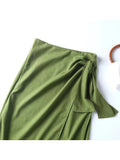Yipinpay 2024 New Women Green Linen Cotton Wrap Midi Skirt Vintage Ladies High Waist Summer Faldas Mujer