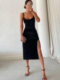 Yipinpay MO 2023 New Velvet High Split Solid Club Sexy Midi Dress For Women Sleeveless Backless Party Elegant Vestido Summer