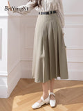 yipinpay Elegant High Waist Suit Skirts Women With Belt Chic Casual Korean Fashion Black Slim Office Ladies A-line Skirt Summer