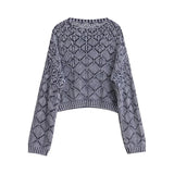 Yipinpay Vintage Women Round Neck Long Sleeve Washed Effect Knit Sweater Autumn Ladies Crop Pullover