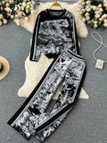 Yipinpay Winter Knitted Print Sets Women O Neck Long Sleeve Knitwear+Wide Leg Long Pants Fashion Retro Sweater Two Pieces Suits