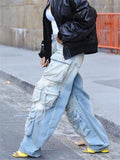 Yipinpay Simenual 2000s Aesthetics Multi Pockets Loose Denim Long Pants Casual Grunge Punk Holes Straight Trousers Y2K Streetwear Jeans