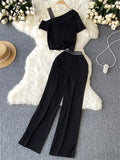 Yipinpay Vacation Casual Sports Suits Summer Off Shoulder Short Camis Tops+High Waist Wide Leg Pants Women Y2K Two Pieces Sets