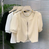 Yipinpay Mujer De Moda Square Crop Top 2023 Shirts for Women Zipper Blouse Chemise Femme Short Sleeve Casual Black White New