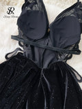 Yipinpay Female Backless Sexy Dress Fashion Halter Lace up Design Women Embroidery Butterfly Slim Short Irregular Velvt Dress