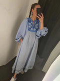 Yipinpay Embroidered Patchwork Maxi Dress For Women Fashion O-neck Striped Lantern Sleeves Long Dresses Summer Loose Lady Robe