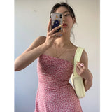 Yipinpay The Shoulder Sleeveless Sexy Blue Floral Dress Women Summer Spaghetti Strap Pink Print Robe Femme Slim Fit Chiffon Vestidos