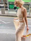 Yipinpay Folds Long Skirt Set Women Sexy Sleeveless Backless Cropped Halter Top High Waist Skirt 2 Piece Sets Lady Chic Beachwear