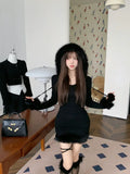 Yipinpay Hot Girl Black Knitted Hooded Fur Dress Women's Winter Slim Fit Pure Sexy Hip Wrap Short Dress Fashion Female Clothes