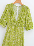 Yipinpay New Women French Style Floral Print Dress Short Sleeve V Neck Ladies Midi Summer Dress Holiday Robe