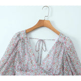 Yipinpay Spring 2024 Women Sexy Backless Floral Print Dress Puff Sleeve V Neck Layered Ruffle Cake Mini Dresses Holiday Party Robe