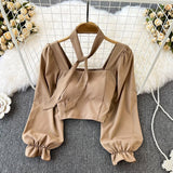 Yipinpay Woman's Blusas Korean Vintage Square Collar Long Sleeve Chiffon Blouses Women Back Elastic Kawaii Crop Top White Shirt