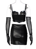 yipinpay Sexy de dos piezas para mujer, Top de cuero PU, minifalda negra, trajes de verano a juego, trajes de fiesta, conjuntos de vestido de calle