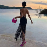 Yipinpay Black Backless Dress Woman Fringed Halter Sexy Party Dress Women Summer Off Shoulder Midi Dresses Evening Dresses For Prom