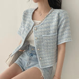 Yipinpay Button O Neck Tweed Short Sleeve Cardigan White Coat Summer Plaid Shirt Women Korean Style Cropped Jacket Tops Slim