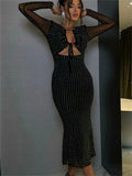 Yipinpay Glitter Hollow Out See-Through Maxi Dress Female Sexy Lace-Up Club High Waist Patchwork Sparkle Bandage Women Long Dress