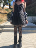 Yipinpay Dark Gothic Mesh Dress Women Fairy Grunge Vintage Punk Strapless High Waist Dresses Harajuku Mall Goth Emo Alt Partywear