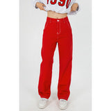 yipinpay Size Red High Waist Women's Jeans Wide Leg Baggy Chic Design Denim Pants Streetwear Vintage Summer Straight Jean Trouser