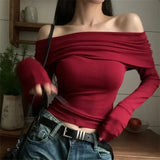 Yipinpay Tops Off Shoulder Long Sleeve Crop Top Women's Autumn/Winter 2024 New Spicy Girl Slim Fit Short Red T-shirt