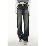 yipinpay High Waist Women Jeans Stars Printing Vintage American Fashion Streetwear Wide Leg Female Denim Trouser Straight Pants