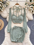 Yipinpay American Sexy Suits Hollow Out Long Sleeve Halter Mini Top+Slim Bodycon Skirt 2024 Y2K Summer Beach Style Knitted Sets