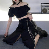 Yipinpay New Spring Autumn Women Skirt Fashion Korean style Black Long Skirts with chain side slit Hip hop streetwear plus size