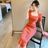 Yipinpay Hip Sexy Bandage Halter Short Sleeve Knitting Dress Bodycon Waist Elegant Empire Wild Vestidos Summer Women Dresses