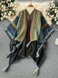 Yipinpay Bohemian Loose Cardigan Bat Cloak Tassel Design Print Fashion Knitted 2024 Autumn Retro Tour Irregular Oversize Coat