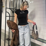 yipinpay T Shirt Women Black Top Short Sleeve T Shirt Streetwear Y2k Fashion Letter Printed Summer O Neck Tops Tees Women Clothes