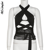 yipinpay Out Sleeveless Tank Top Women Camisoles Black Top Streetwear Outfits Solid Slim Cross Neck Crop Top Female Summer Clothes