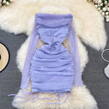 Yipinpay Slim Slash Off Shoulder Women's Long Sleeve Drawstring Pleated Hip Wrap Pink Mesh Dress Mini Party Prom Mini Evening Robe