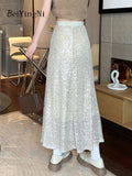yipinpay Shiny Sequins Long Midi Skirts Women 2023 Spring Summer Pack Hip Mermaid Skirt Girls Y2K Casual Elegant A-line Faldas