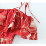 Yipinpay Print Ruffle Long Dress Women Off Shoulder Summer Dresses Woman 2023 Holiday Short Sleeve Slip Dress Ruched Midi Dresses