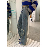 yipinpay Women's Jeans High Waist Splash Ink Design Fashion Streetwear Hip Hop Straight Pants Baggy Vintage Female Wide Leg Denim Trouser
