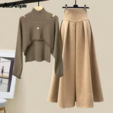 Yipinpay Spring Autumn New Korean Elegant Knit Tassel Cover Up+Half High Collar Bottom Sweater+Midi Skirt 3 Piece Women Dress Suit