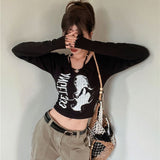 Yipinpay Grunge Y2k Women's T-shirt Vintage Printed O-Neck Patchwork Slim Long Sleeve Top Kpop Fashion Graphic T Shirt Streetwear