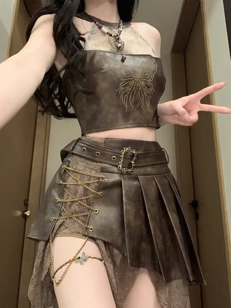 Yipinpay Fashion Spicy Girl Style Leather Halter TopTank Top Irregular Slimming Short Skirt Set Summer Two Piece Set Women Outfits
